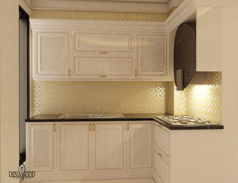 طراحی کابینت چوب (سفارشی) طراحی کابینت سفارشس چوب به رنگ سفید پتینه طلایی از گروه دنا چوب البرز