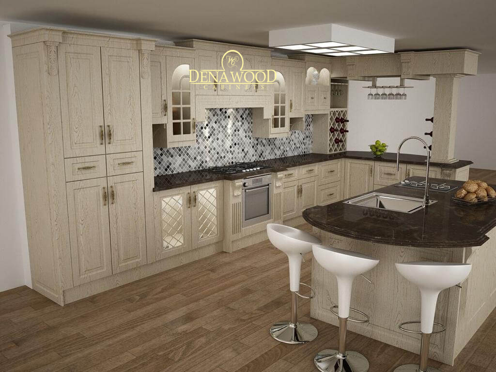 طراحی کابینت چوب با جزیره و صفحه روی کابینت و جزیره از سنگ کورین