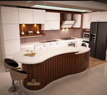 طراحی کابینت مدرن با جزیره ترکیبی از 2 رنگ سفید و قهوه ای ا