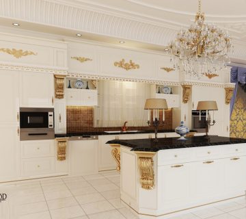 طراحی کابینت چوب با منبت های چوب راش به رنگ سفید پتینه طلایی و صفحه روی جزیره از سنگ کورین