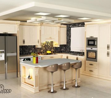 طراحی کابینت ممبران به رنگ سفید و با جزیره صفحه جزیره سنگ کورین