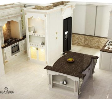 طراحی کابینت ممبران به رنگ سفید و با جزیره صفحه جزیره سنگ کورین